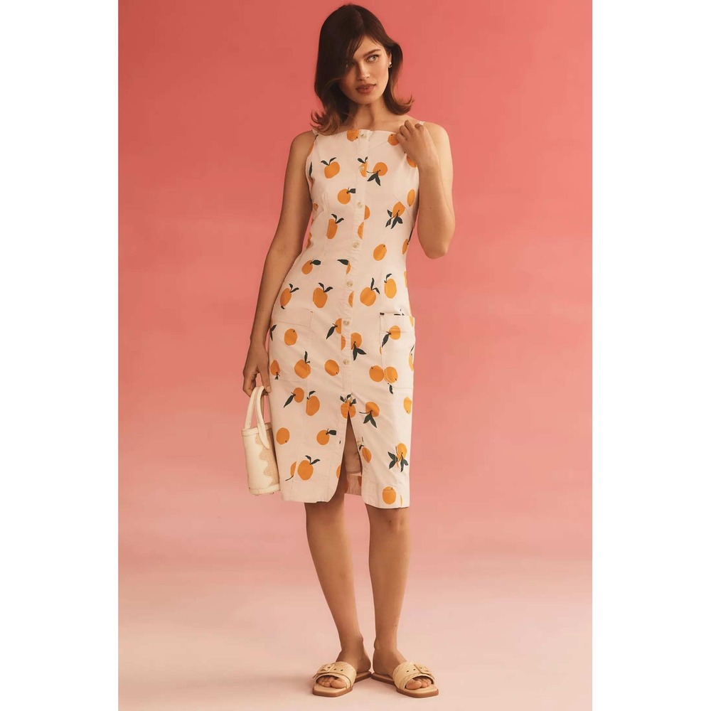 Dylan Mierzwinski Orange Fruit Print Midi Dress Sleeveless Women Size Large